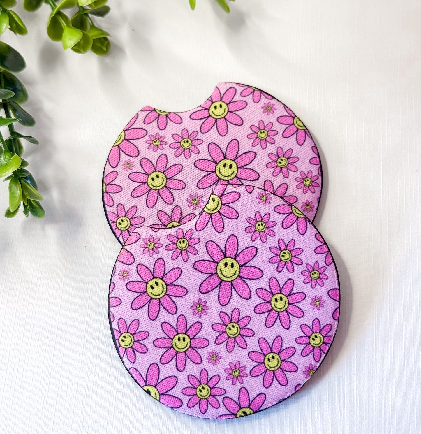 Pink Daisy Smiley Car Coasters