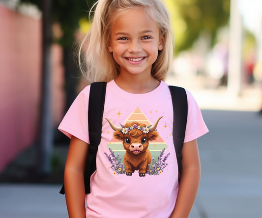 Spring Highland Cow Kids Tee