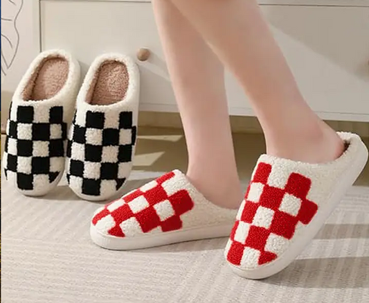 Red Checkered Terry Cloth Fuzzy Sherpa Fleece Slippers