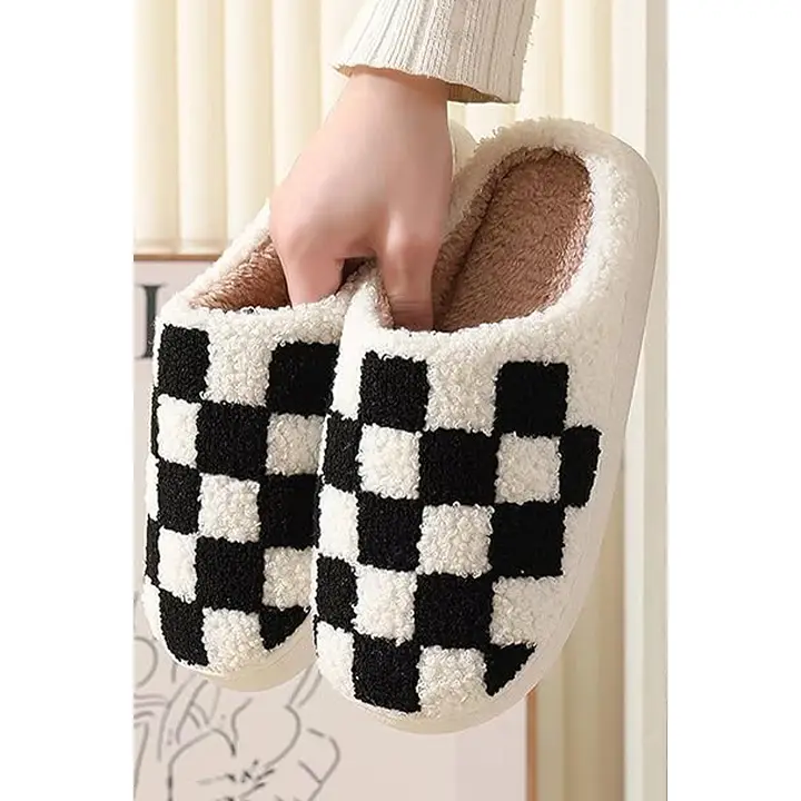 Black Checkered Terry Cloth Fuzzy Sherpa Fleece Slippers