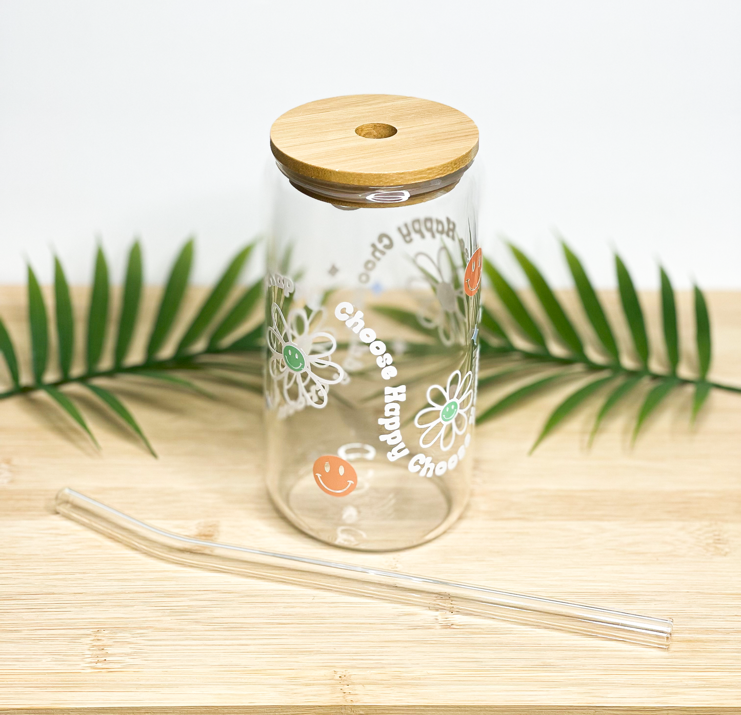 CHOOSE HAPPY GLASS W/ BAMBOO LID